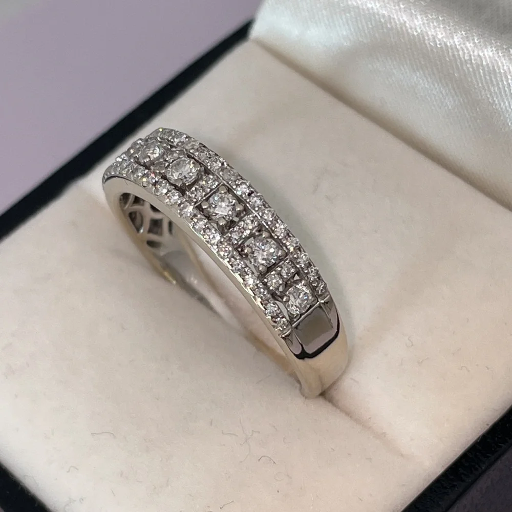 Solid Stamped 14K White Gold NATURAL Diamond Semi Eternity Band Ring Vintage